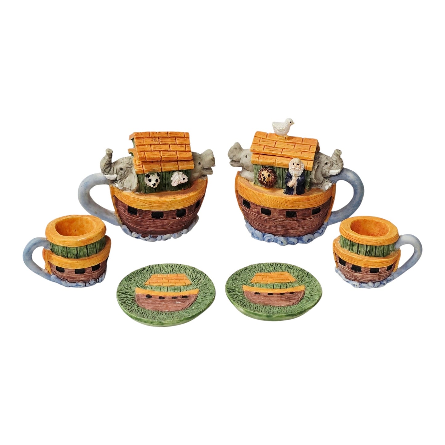 Miniature Ceramic Noah's Ark Tea Set 6pc Hand-painted Animals 2 Teapots Figurine