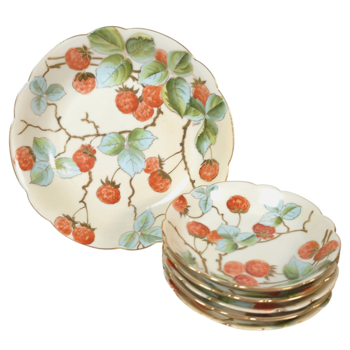 Antique Vienna Austria Raspberry Master Berry Bowl Set 6 c1890–1908