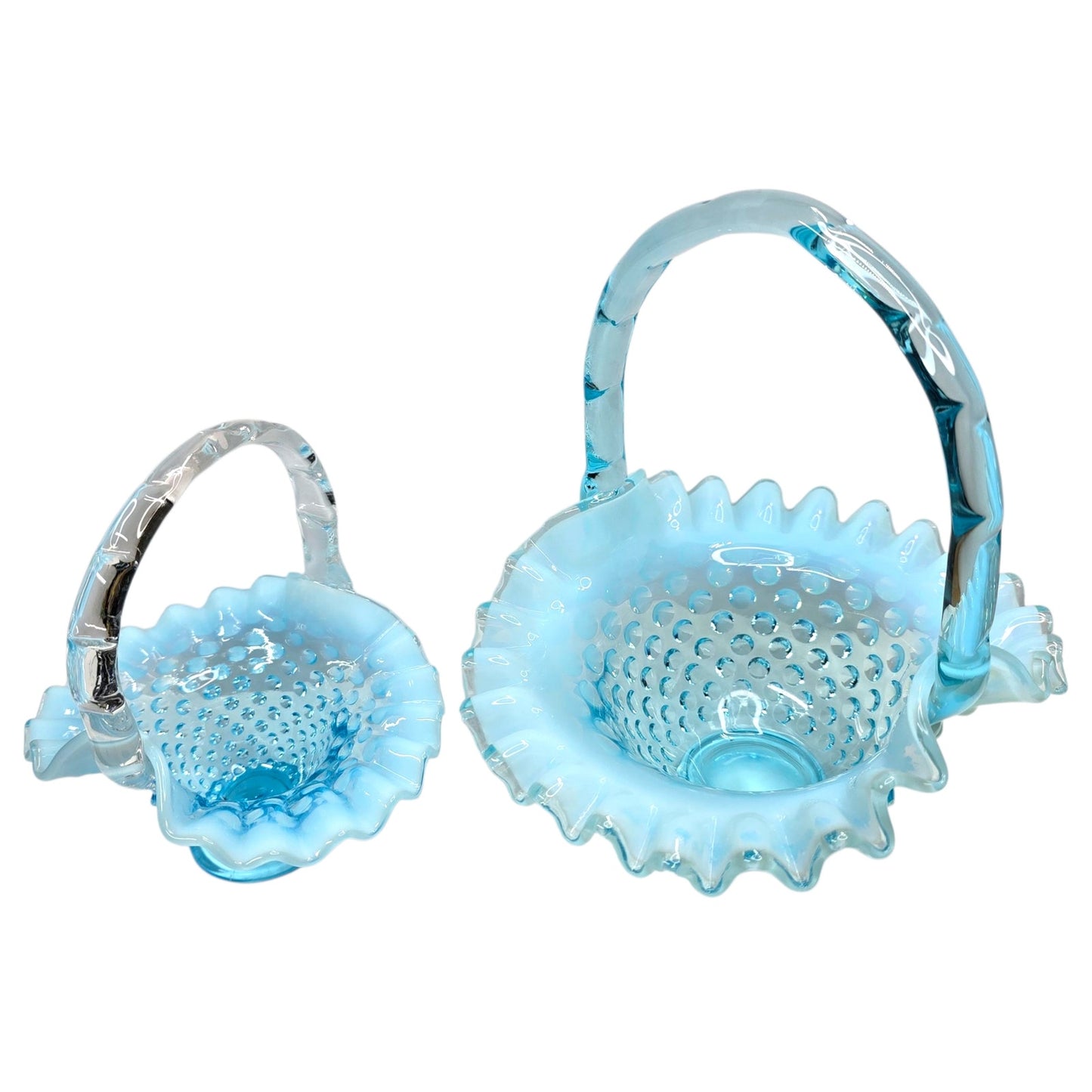 Fenton Blue Opalescent Hobnail Basket Set Uranium Reactive Ruffled Glass Pair