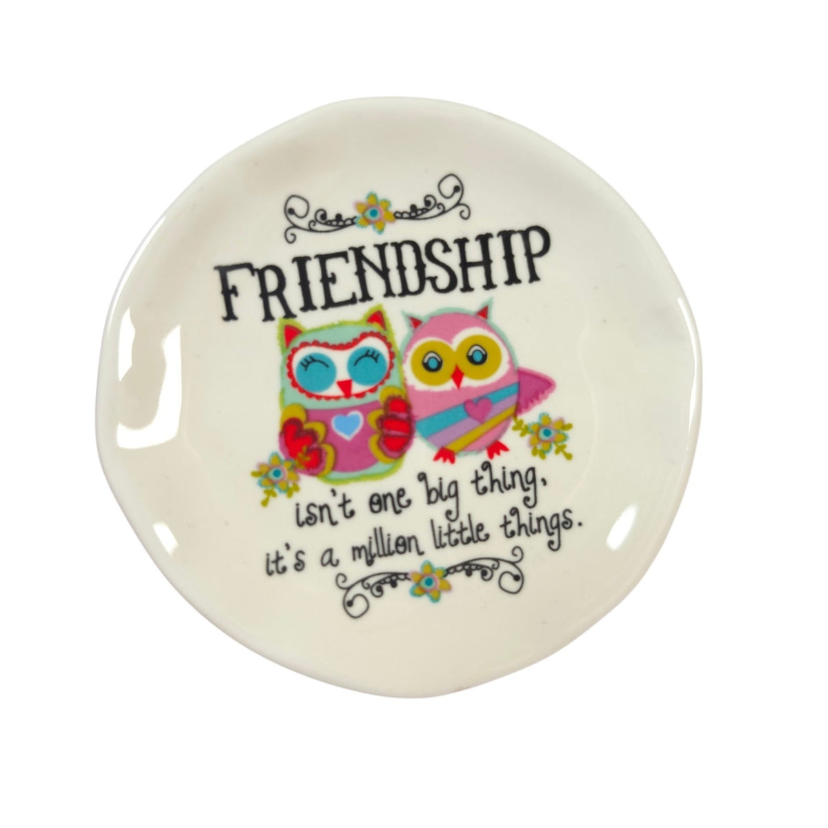 Natural Life Friendship Owls Ceramic Trinket Dish Ring Jewelry Tray 3 Inch