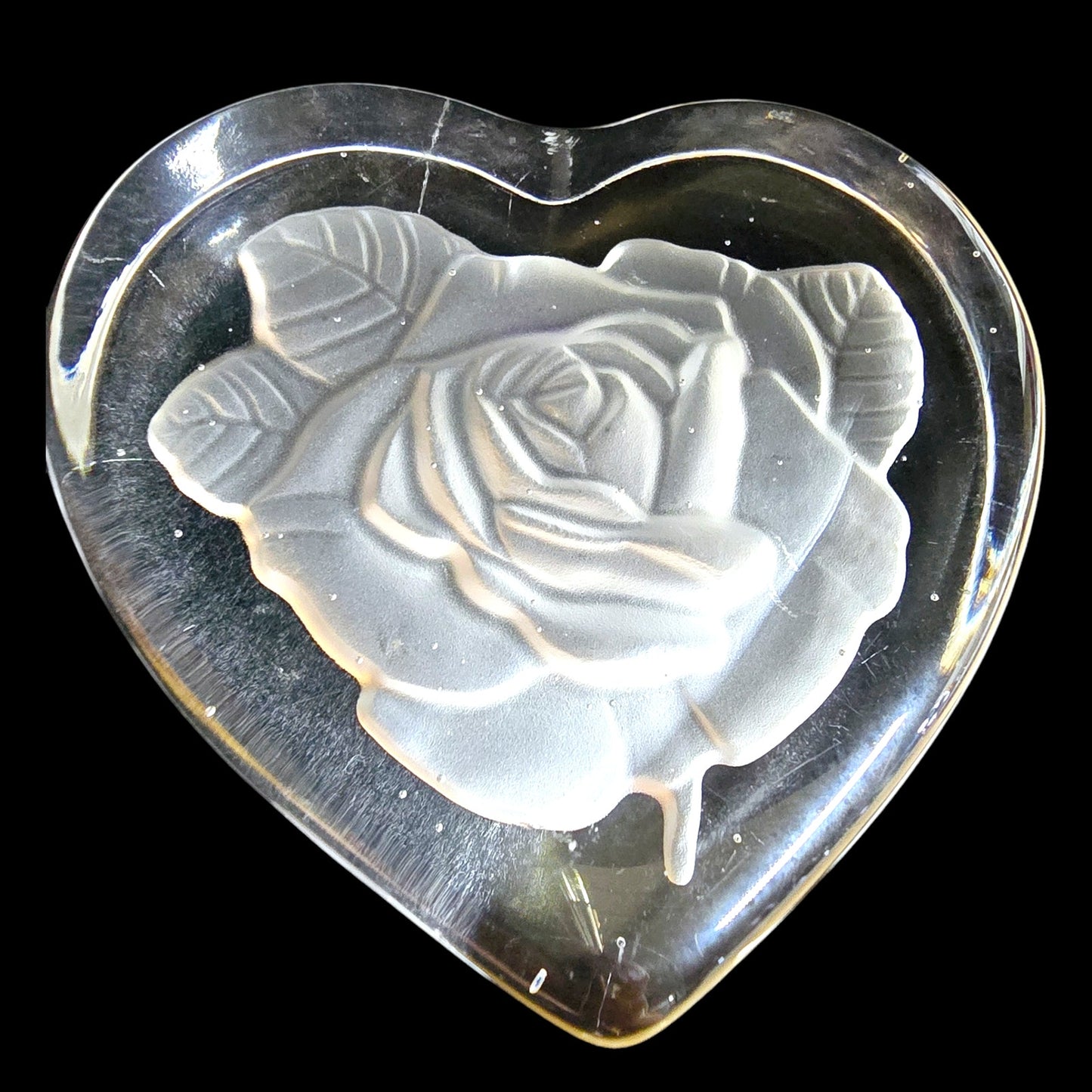 Crystal Etched Rose Heart Glass Paperweight 4" W