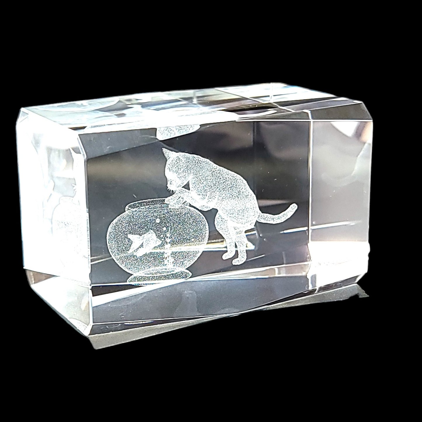 Cat Peering into Gold Fish Bowl 3D Laser Etched Crystal Paperweight in Box 3 x 2 x 2" Original Box