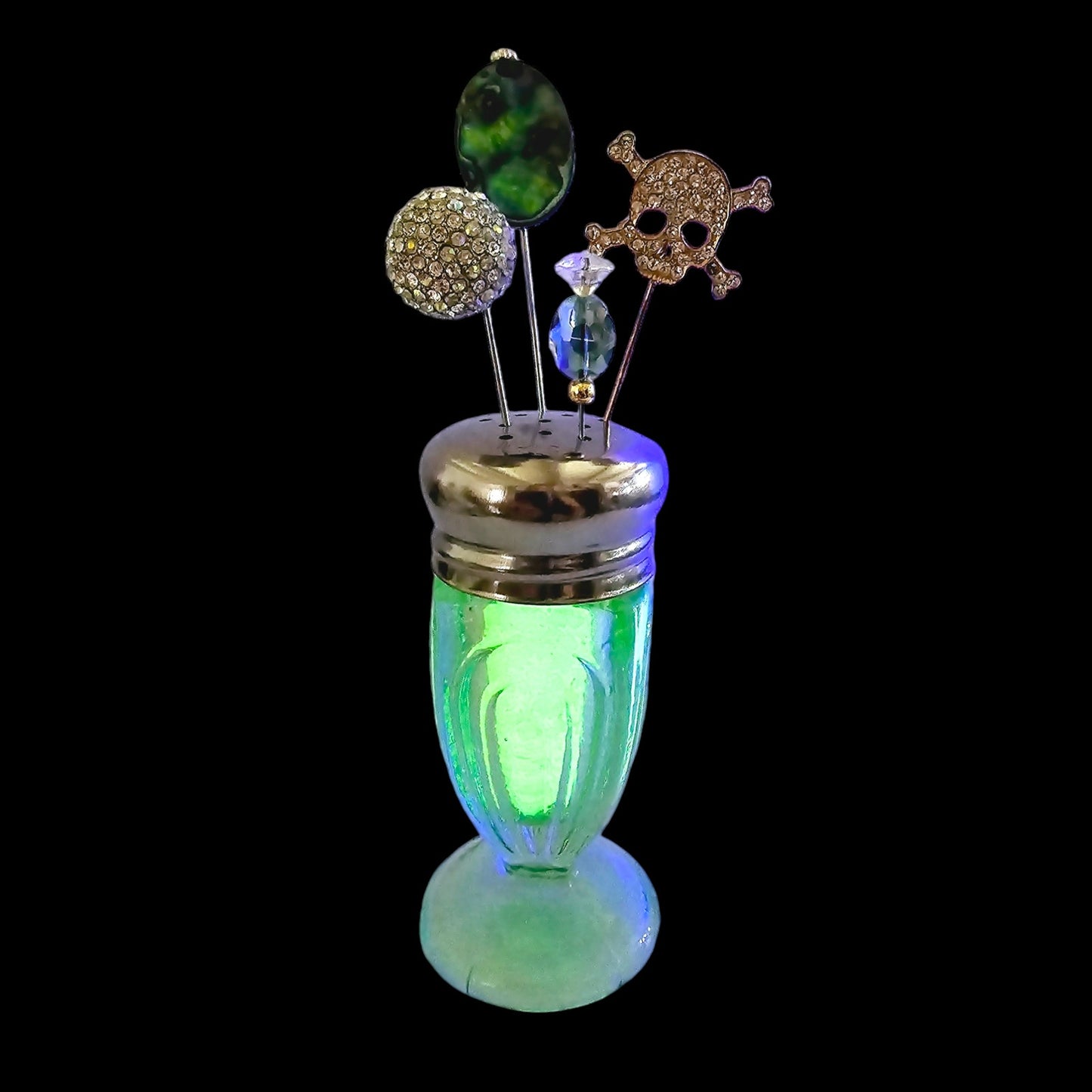 Green Uranium Glass Salt Shaker Stick Pin Display, 4 Pins, Skull, Glowy, Sparkles, 5.5" H with Pins