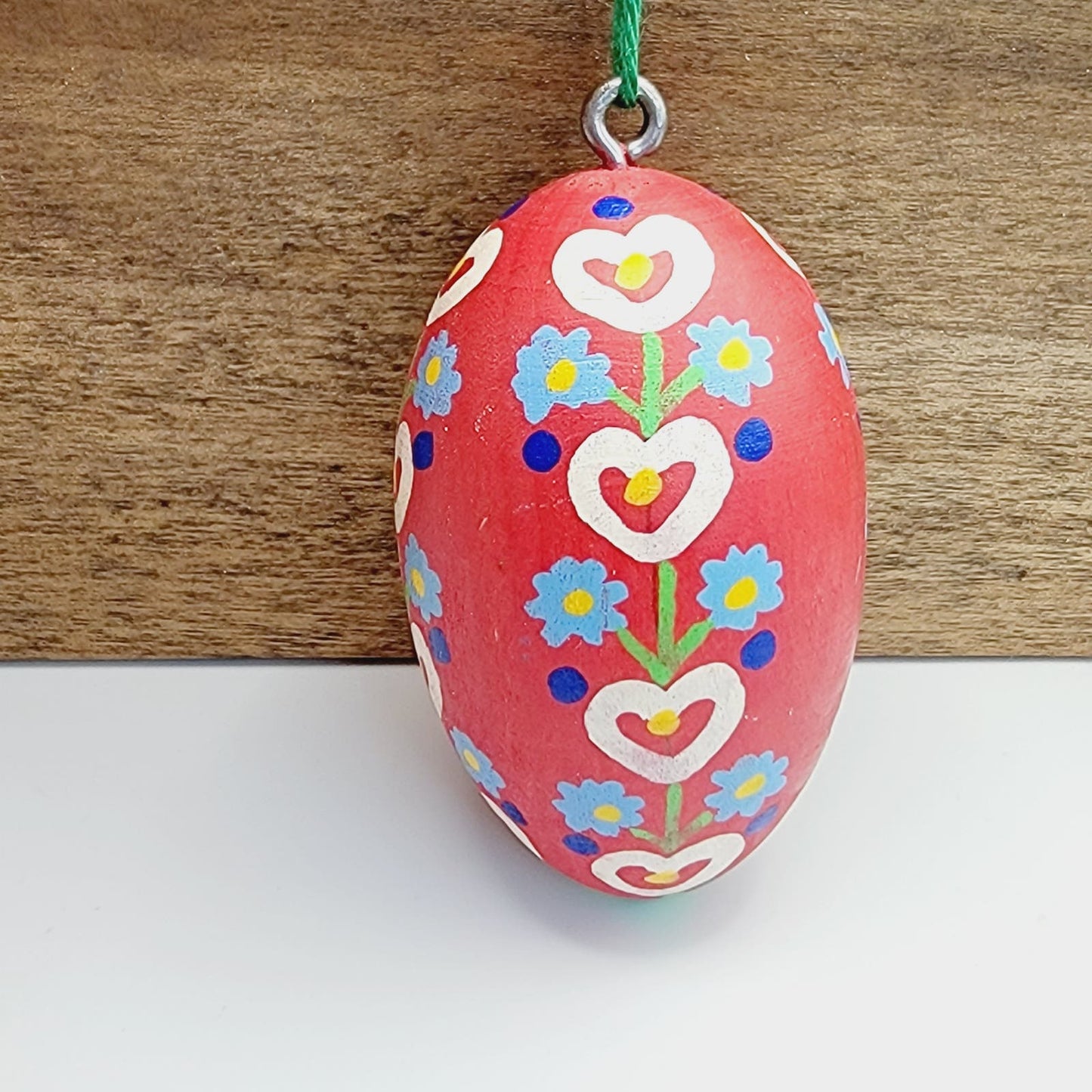 Vintage Wooden Hand Painted Easter Egg Ornament Flowers and Hearts Design Red