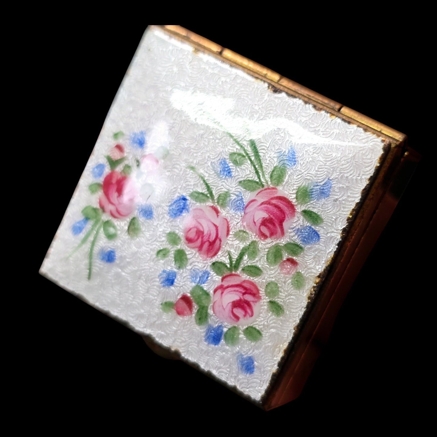 Vintage Pill Box Hand Painted Enamel over Brass with Guilloche Pattern