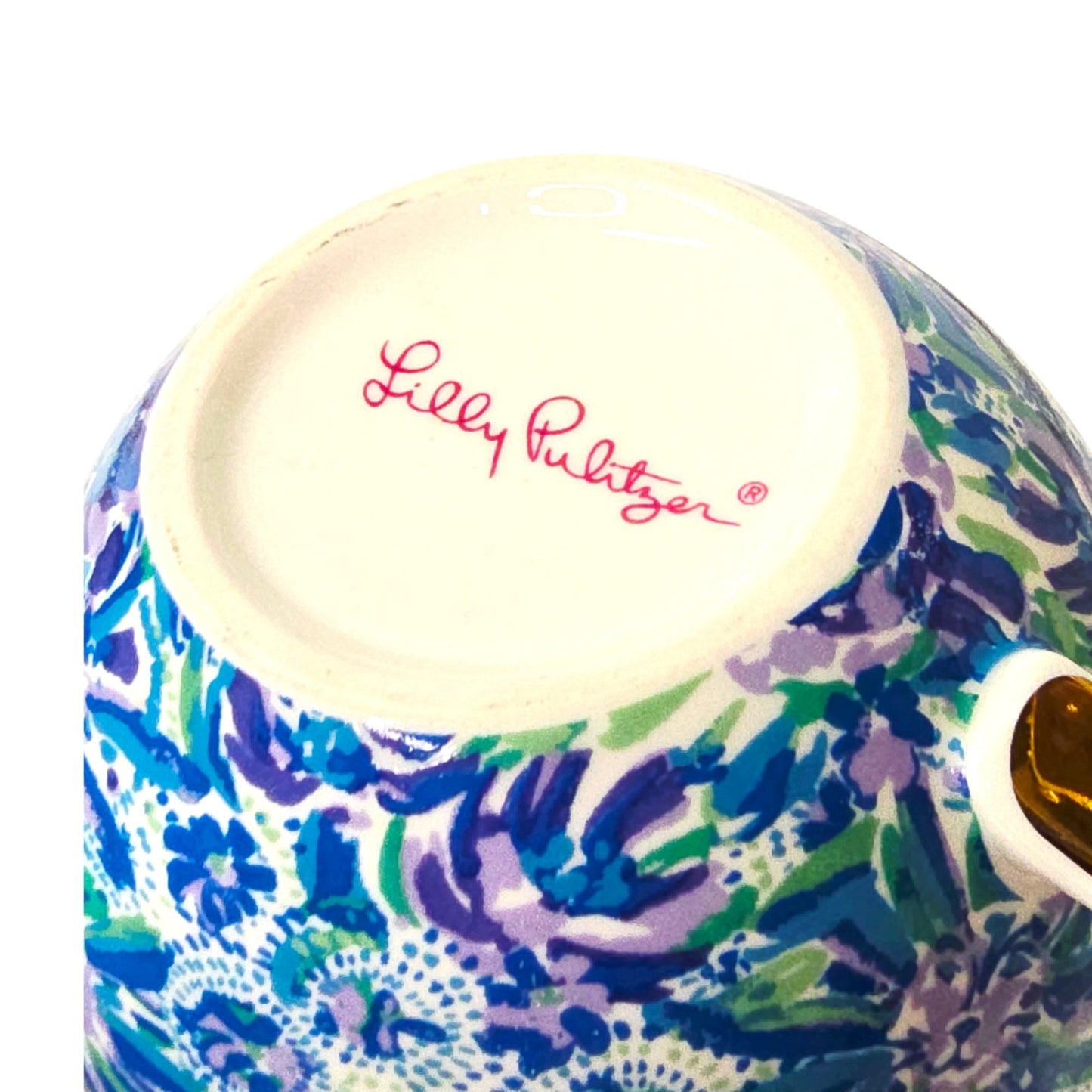 Lilly Pulitzer Coffee Mugs Set Blue Floral Gold Handle XX Lilly Hidden Animal