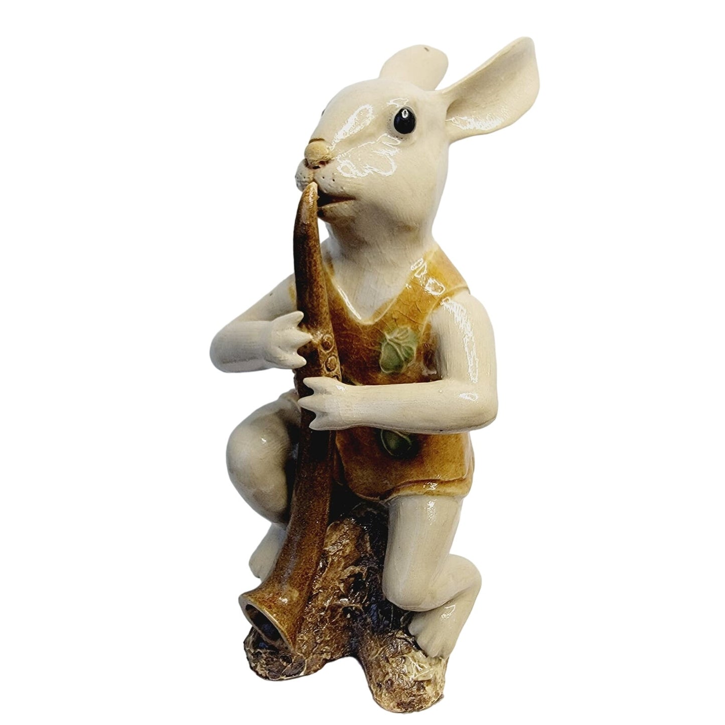 Vtg Signed Asian Rabbit Figurine Playing Long Horn Pottery Seal Mark MCM 8.5"