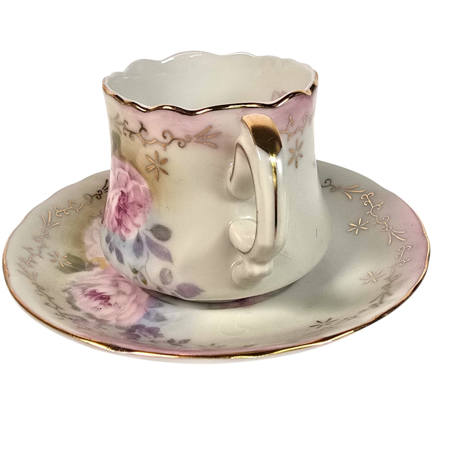 Vintage Japanese Porcelain Demitasse Cup and Saucer Set Floral Gold Trim Rose