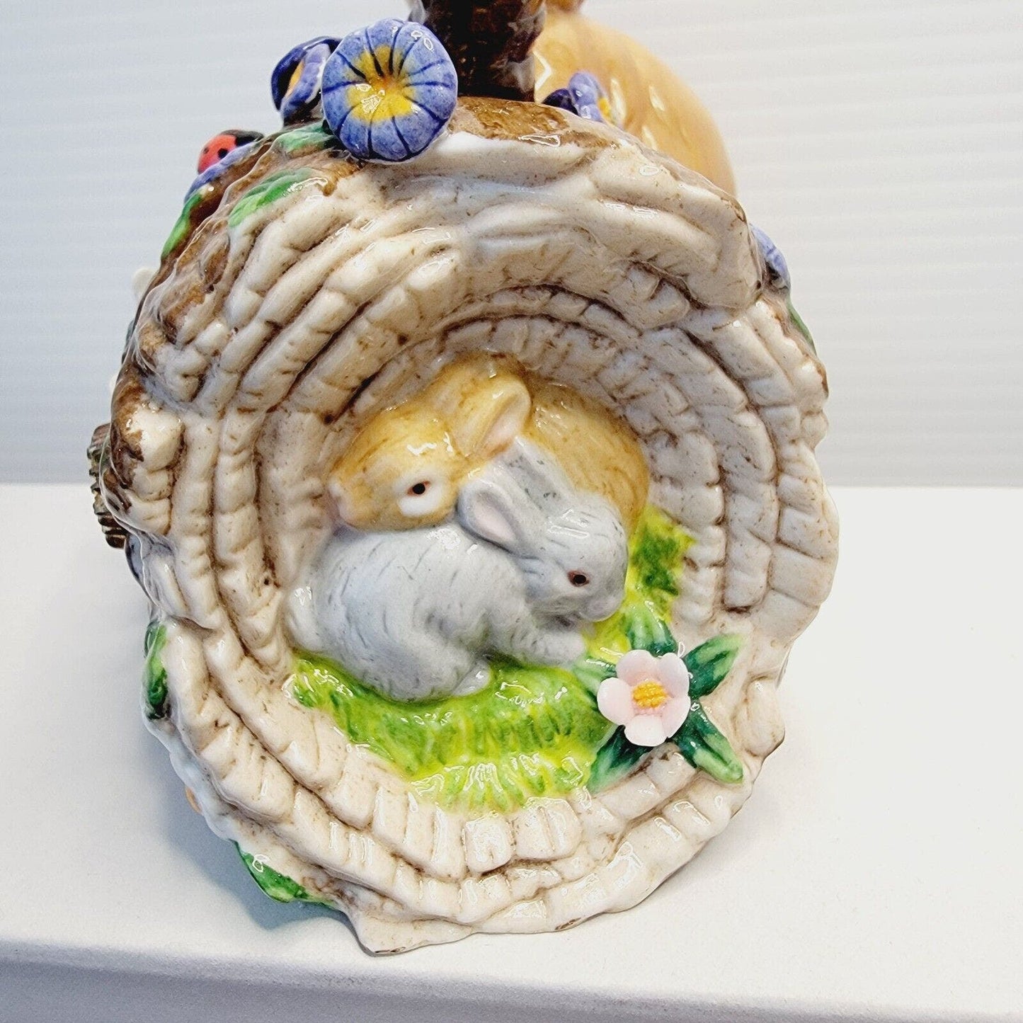 Porcelain Bunny Rabbit Hinged Easter Trinket Box CWC Log Spring Flowers Butterfl