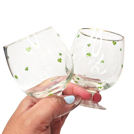 Vintage St. Patrick's Day Shamrock Glasses Gold Rim Clover Stemware Set of 2