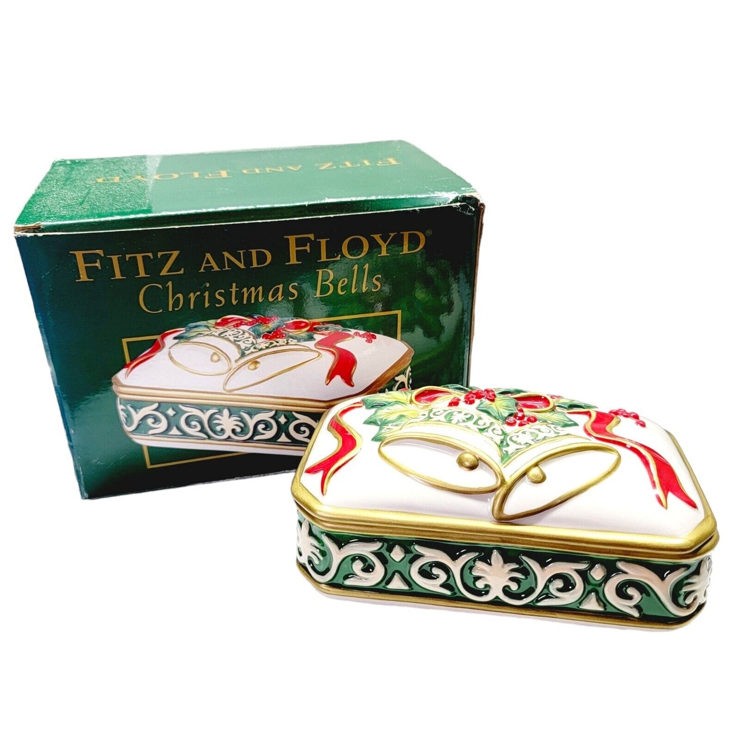 Fitz and Floyd Christmas Bells Porcelain Lidded Trinket Box 2004