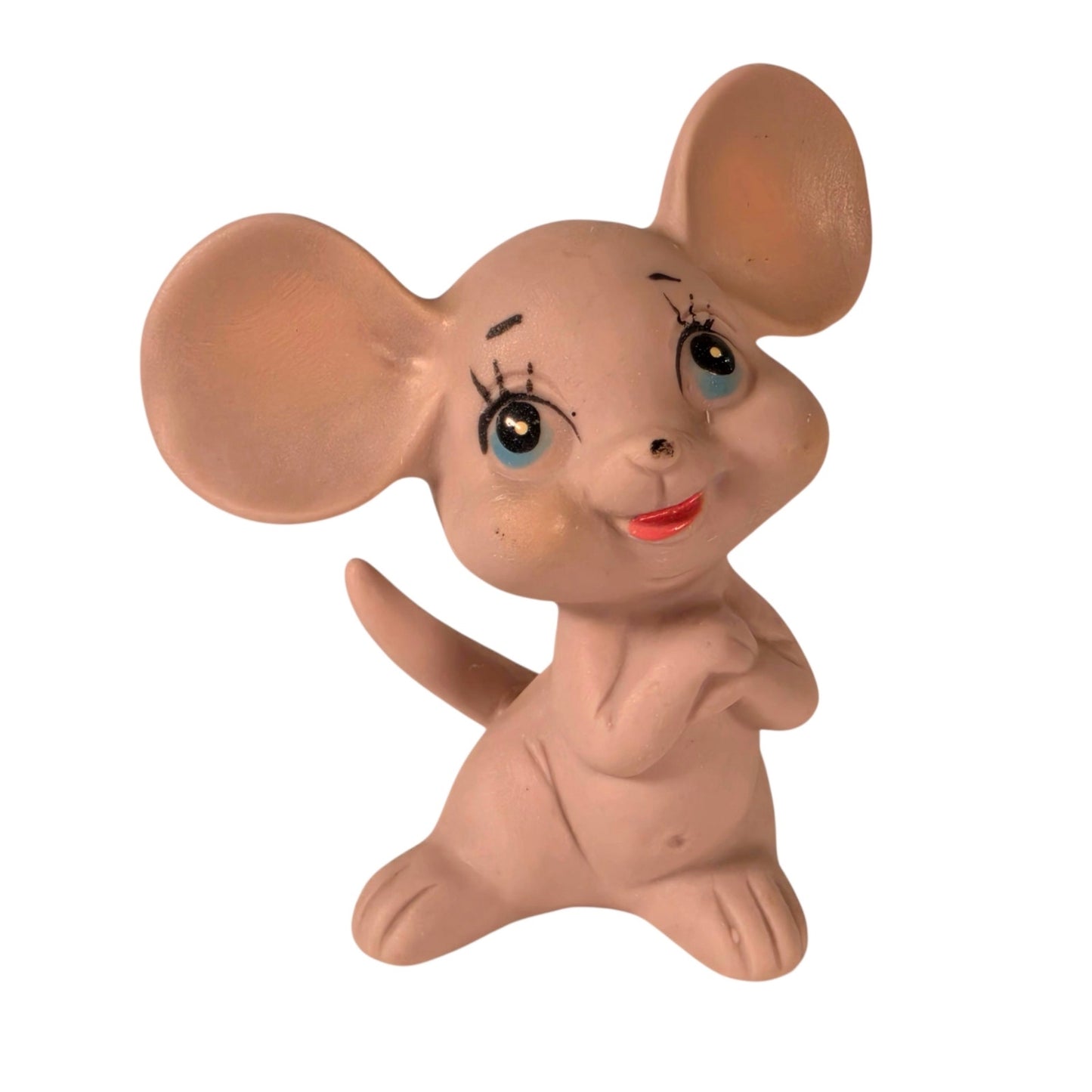 Vintage Kelvin Pink Mouse Figurine Mid Century Bisque Thinking Mouse Kitsch Cute