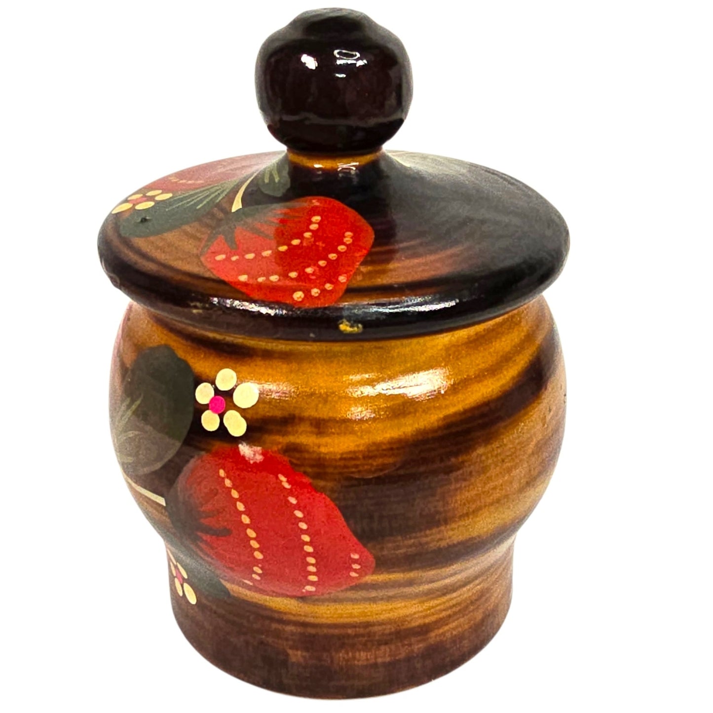 Vtg Hand Painted Strawberry Wooden Lidded Jar Rustic Folk Art Hand Turned 3.5"