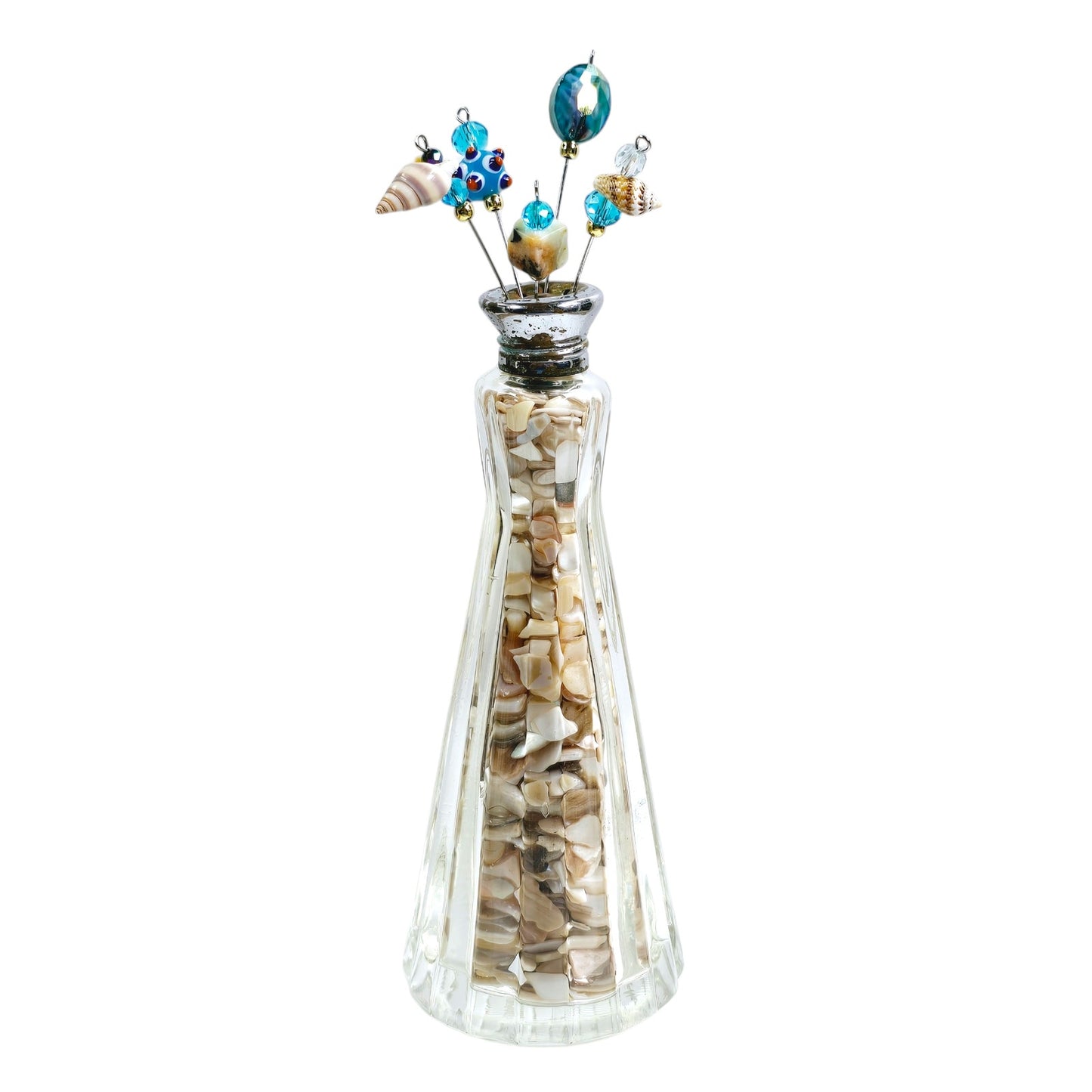 Tall Ornate Glass Salt Shaker Pin Display with Shell Fill and 5 Hand-Made Pins