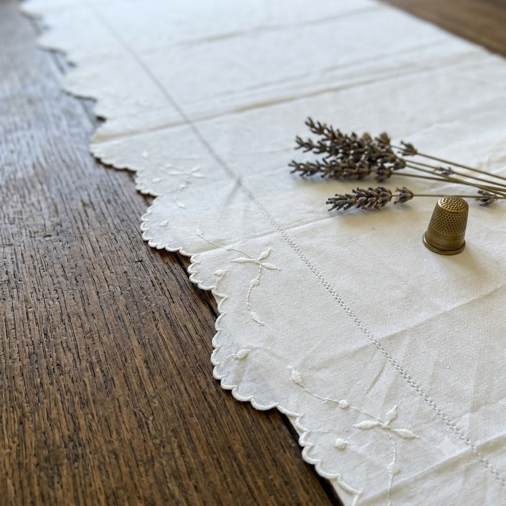 Vintage Linen Table Runner Cutwork Floral White Long Dresser Scarf 75x22