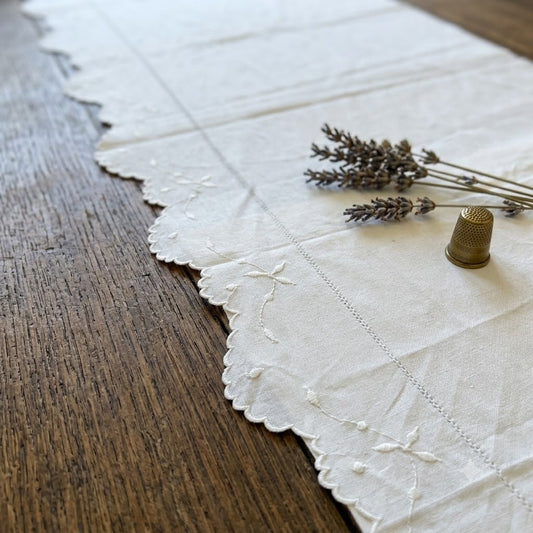 Vintage Linen Table Runner Cutwork Floral White Long Dresser Scarf 75x22