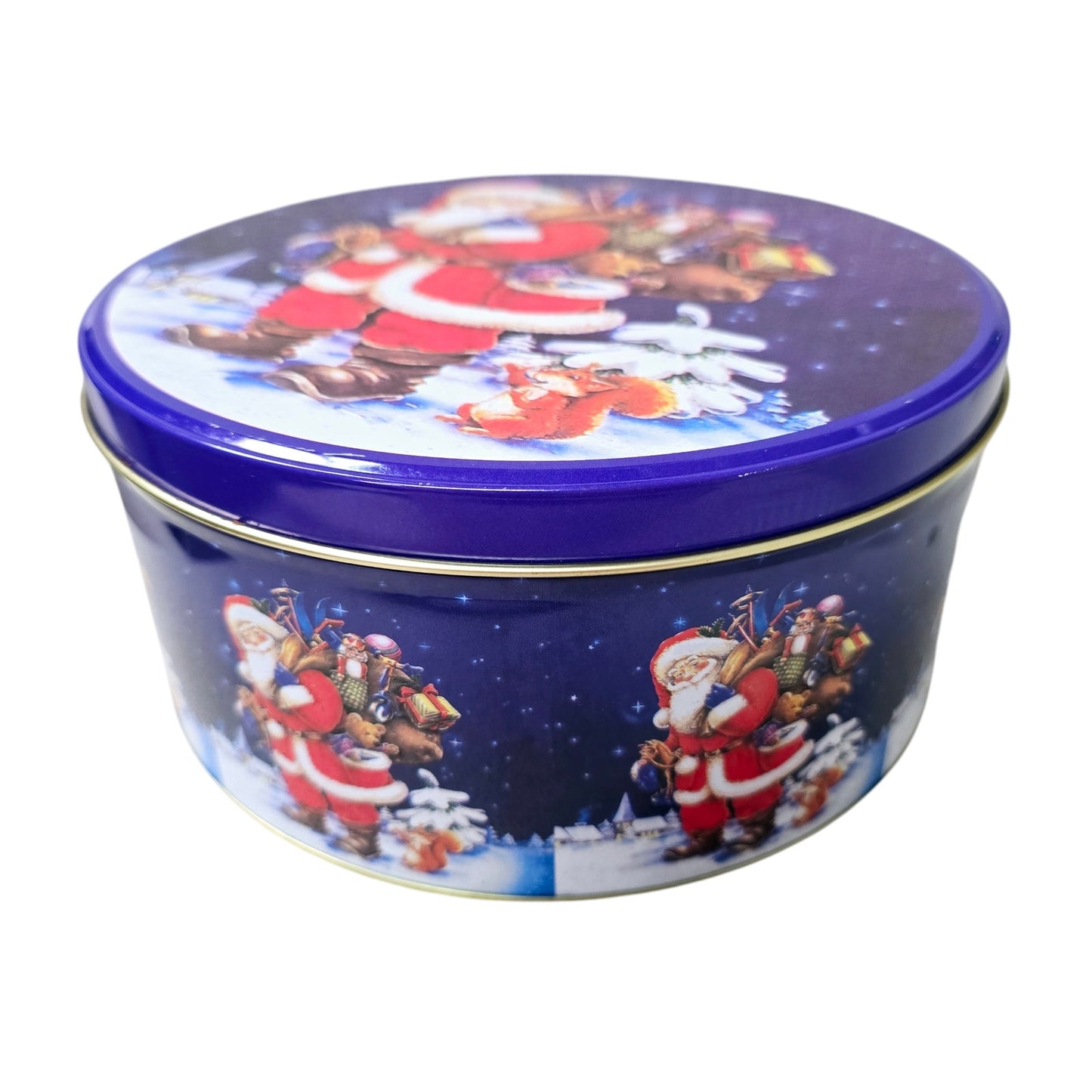 Set of 2 7" Holiday Christmas Tins Snowman Family is Love & Santa As Is Rim Dent