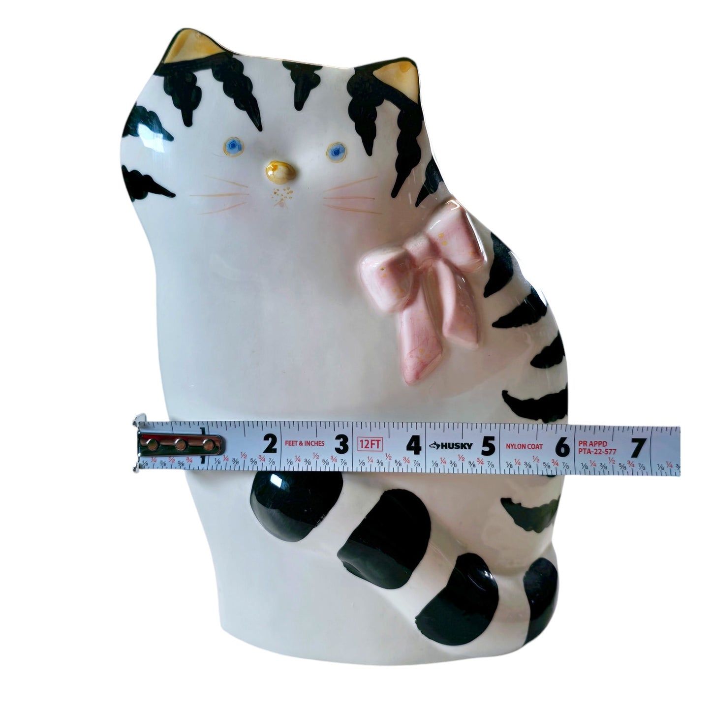 Vintage Flat Cat Coin Bank, White w/ Black Stripes, Pink Bow