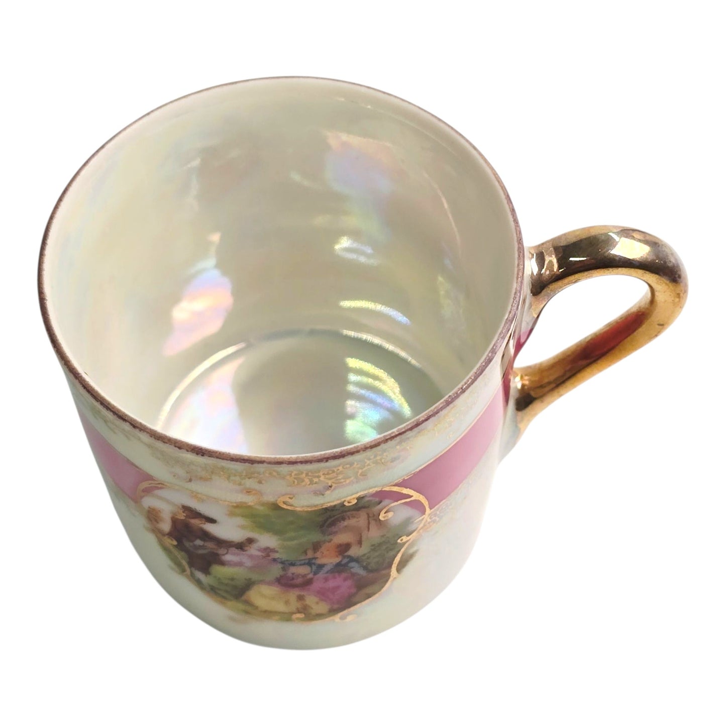 Vtg Lefton China Tea Cup & Saucer Pink Band Gold Trim Courting Couple 1798