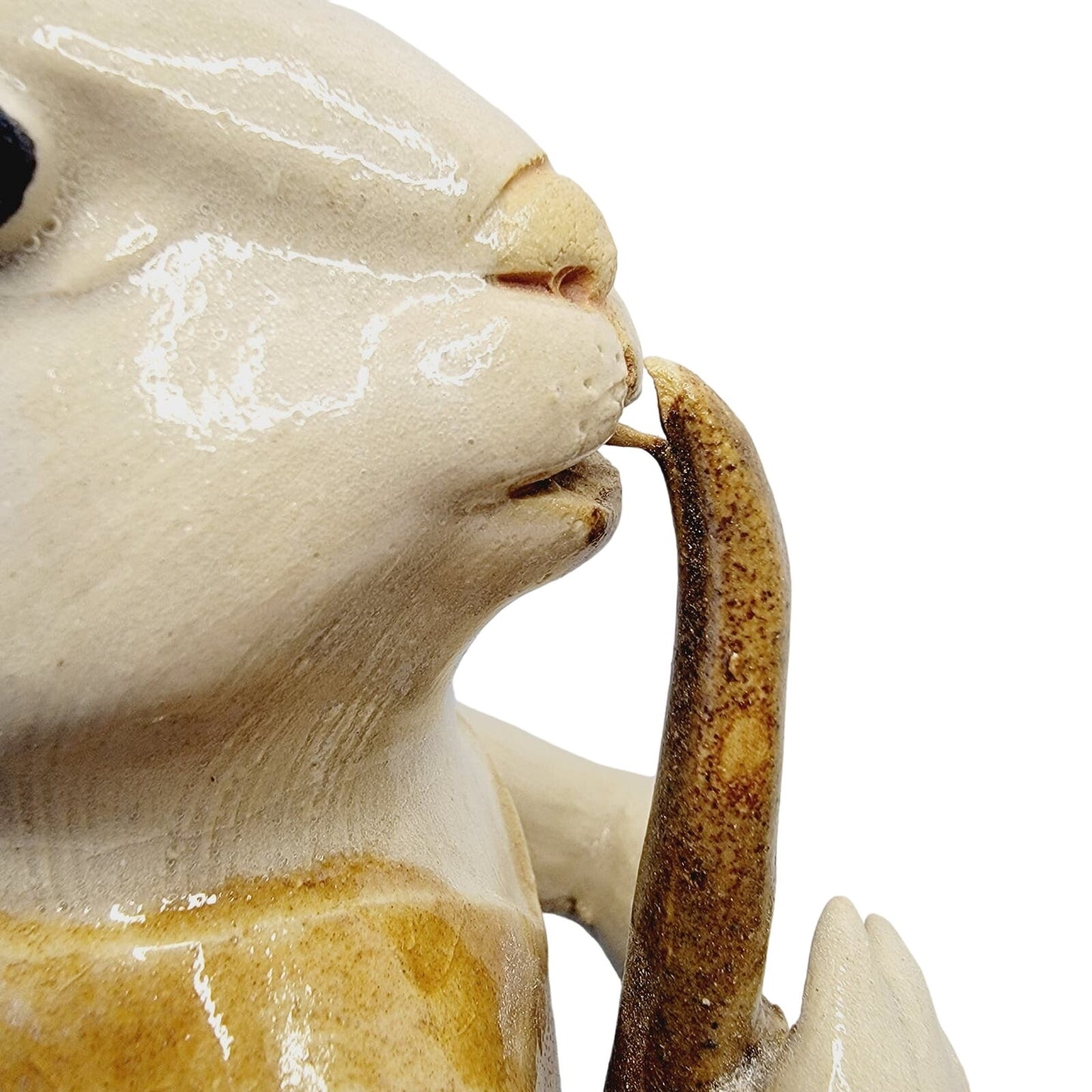 Vtg Signed Asian Rabbit Figurine Playing Long Horn Pottery Seal Mark MCM 8.5"