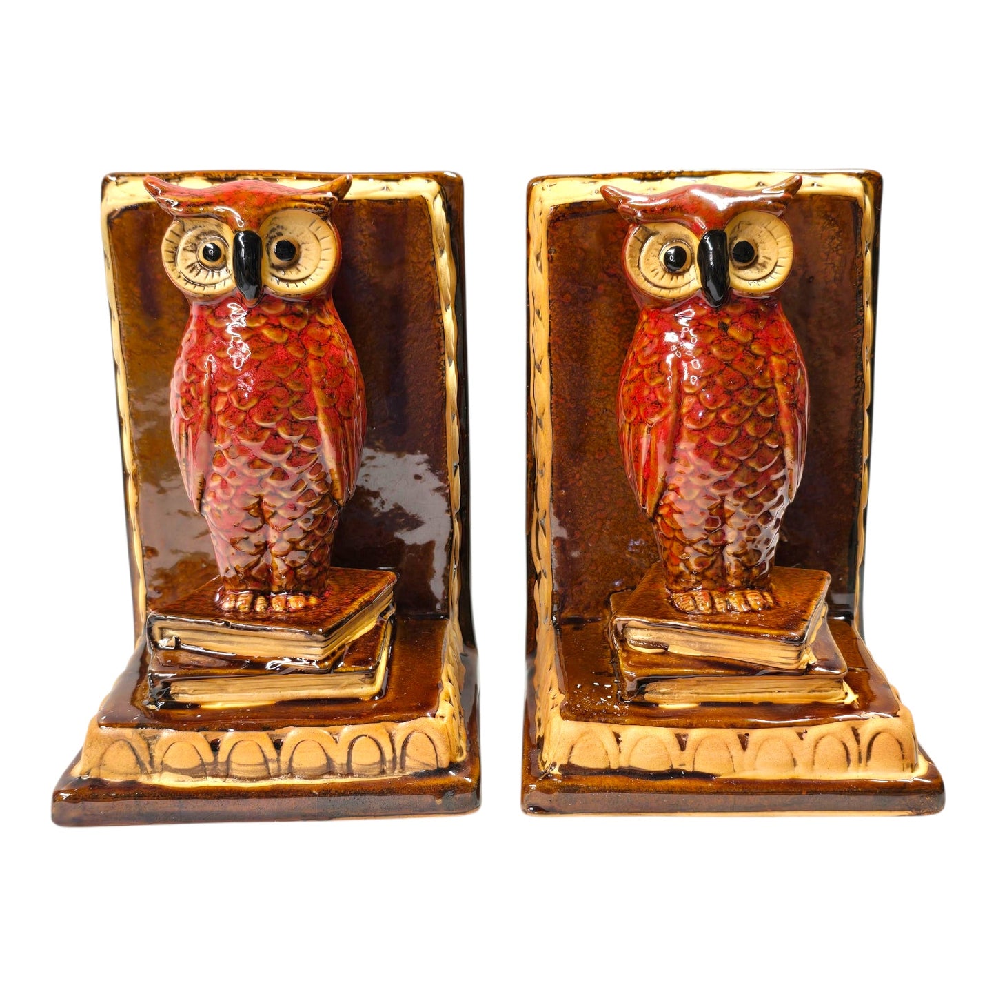 Vtg Ceramic Owl Bookends Great Horned Owl Red Glaze Owls on Books Retro Fall MCM