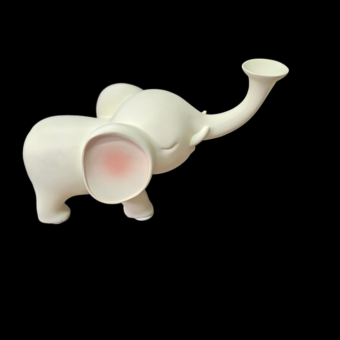 Smooth Satin Ceramic Elephant Figurine, Trunk Up  White and Pink Elephant