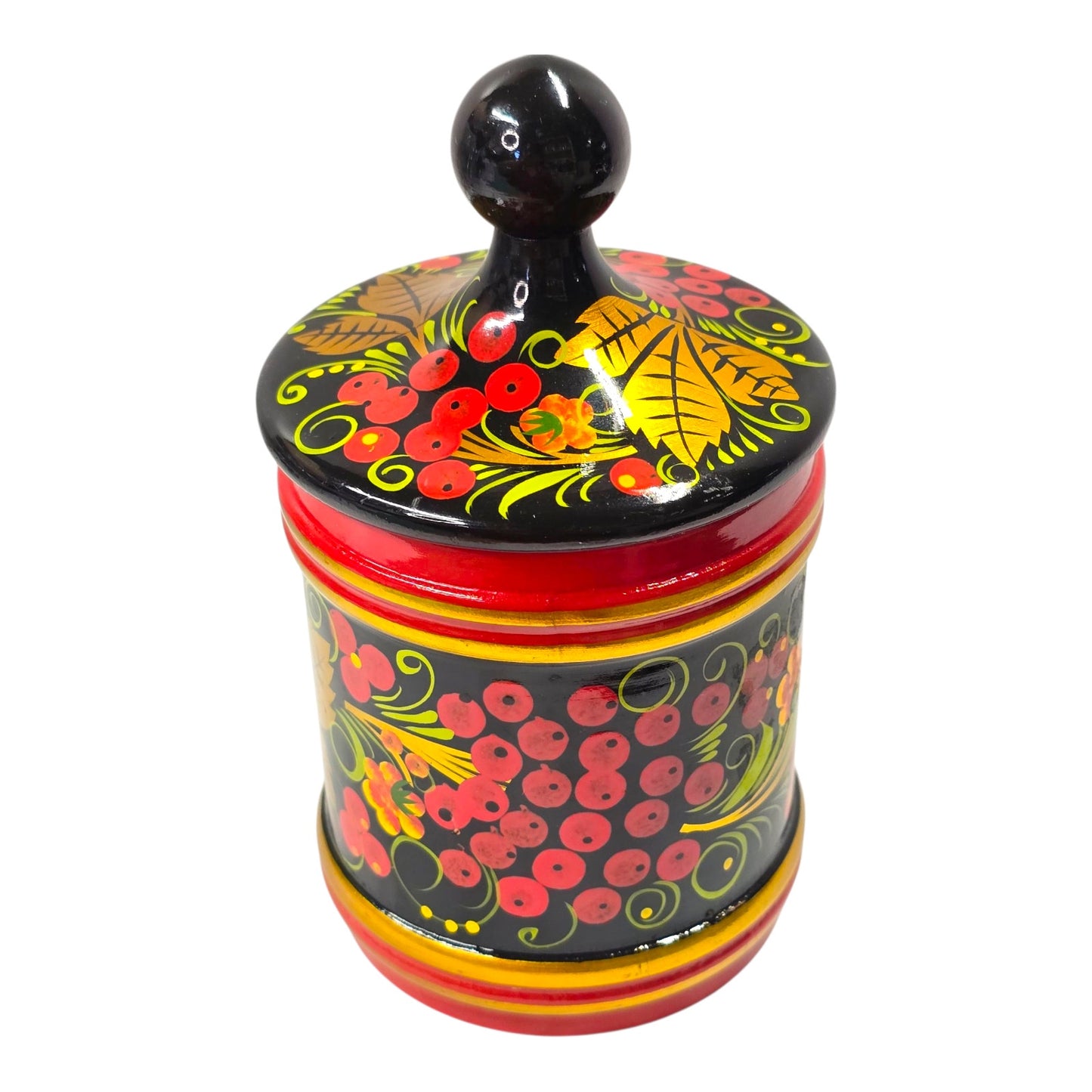 Vtg Russian Khokhloma Painted Wooden Lidded Jar Black Red Gold Floral Folk Art