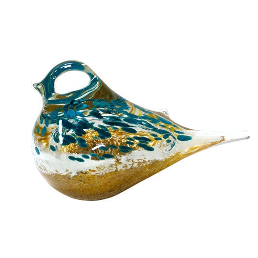 Teal & Amber Glass Bird Paperweight Handblown Art Glass Bird