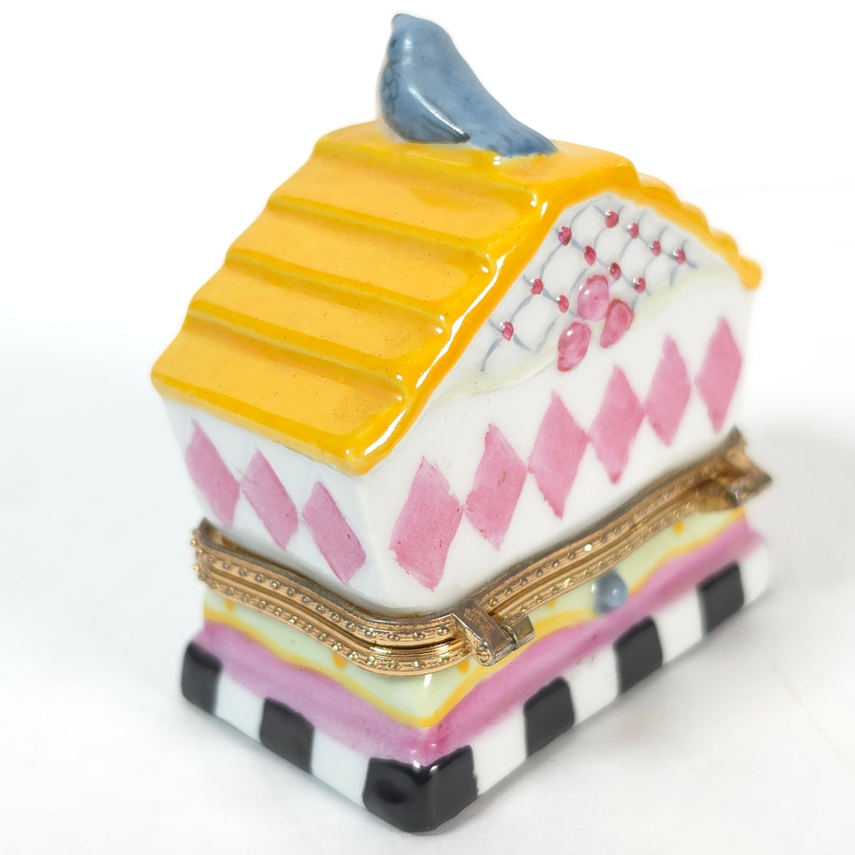 Bluebird Birdhouse Ceramic Hinged Trinket Box Yellow Roof Pink Diamonds