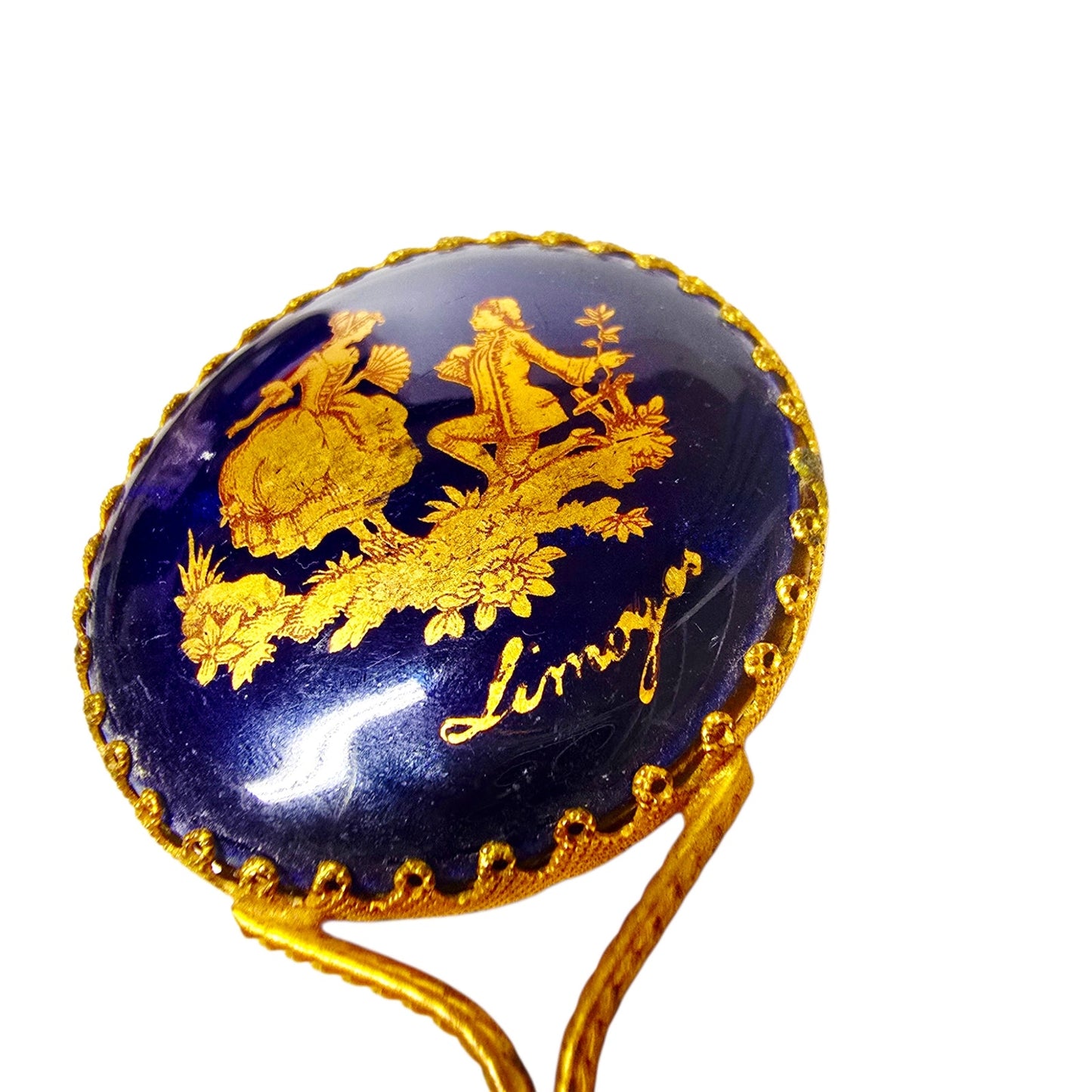 Vintage Limoges Porcelain Hand Mirror Courting Couple Scalloped Beaded Filigree