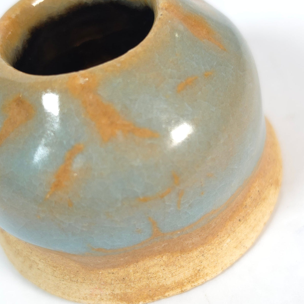 Handmade Student Pottery Mini Vase Blue Tan Copper Tone Interior Signed