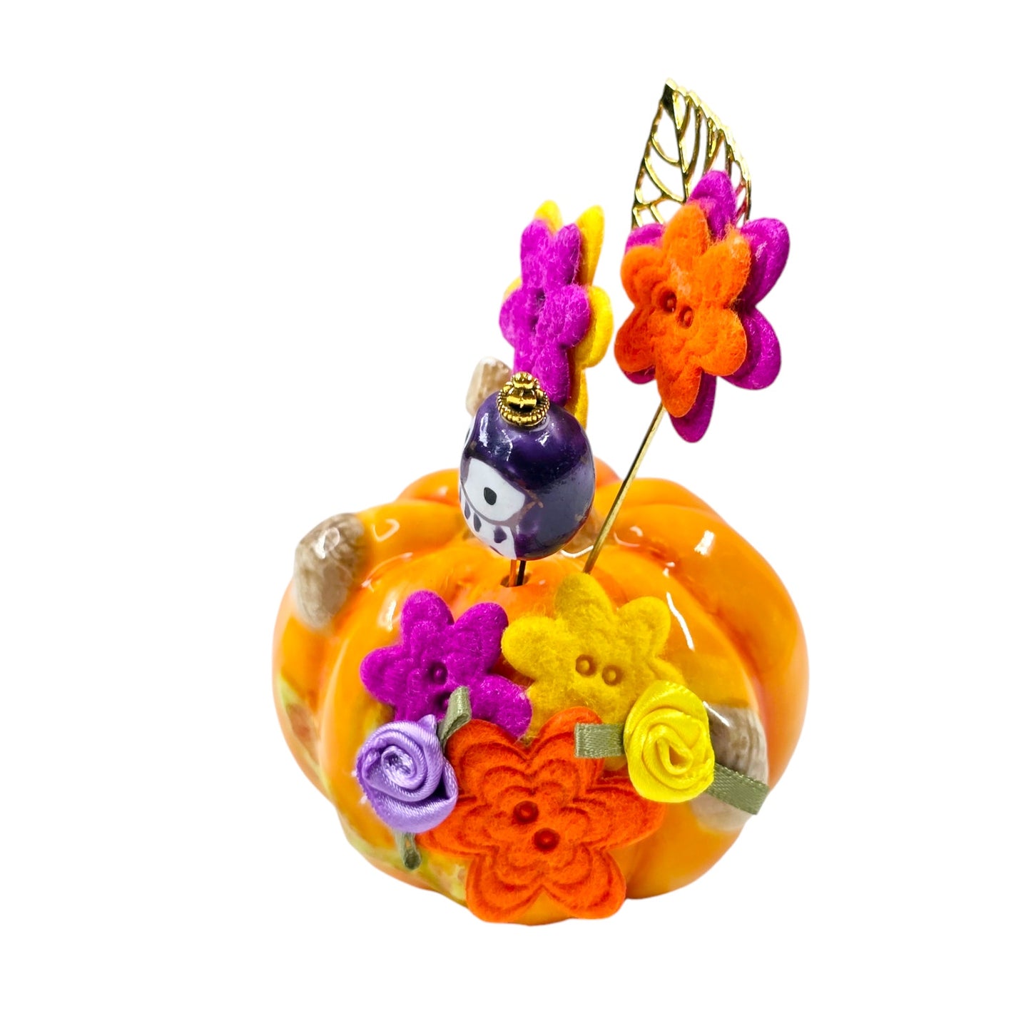 Pumkin Shaker with Felt Flowers and Owl Hat Pins