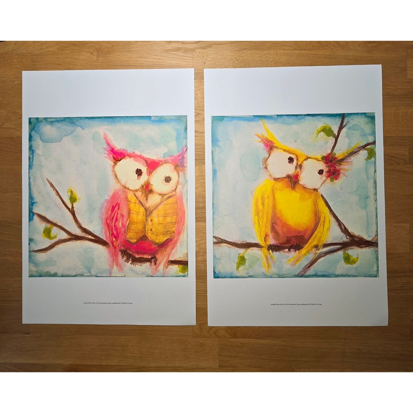 Two 16x12 Owl Bird Art Prints: Mr. Hoo & Miss Hoo, 2014 Marabeth Quin, World Art Group