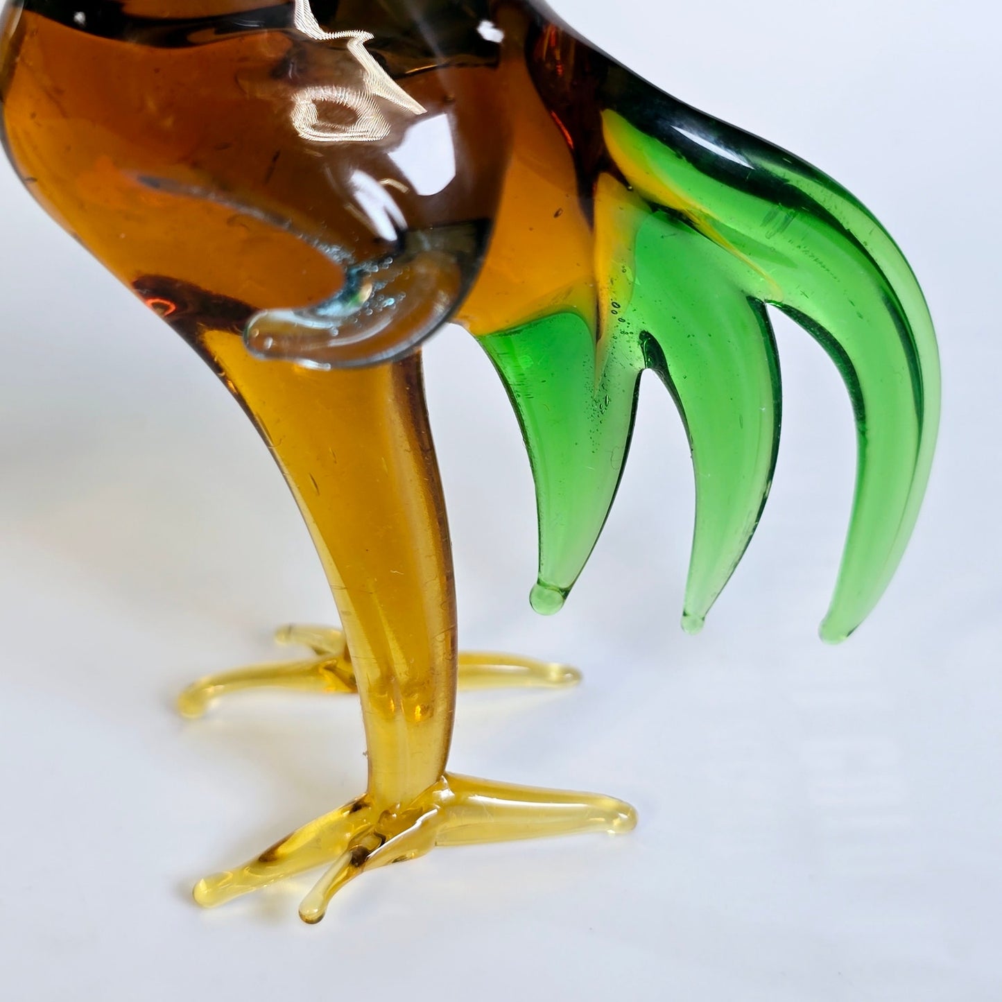 Handblown Pair of Red, Yellow, Blue, Green, Amber, Orange Art Glass Roosters, Stretch Glass Roosters