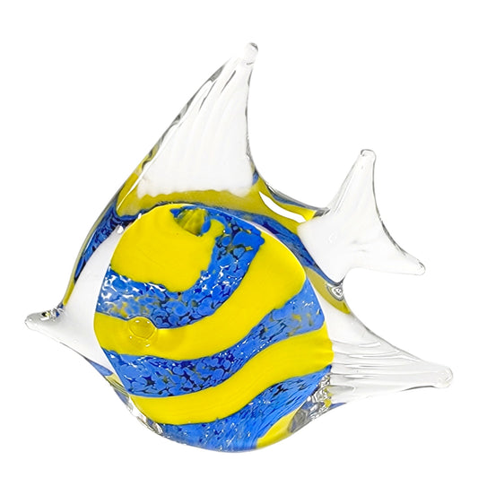 Hand Blown Tropical Fish Figurine Paperweight Blue Yellow Striped 5" Art Glass