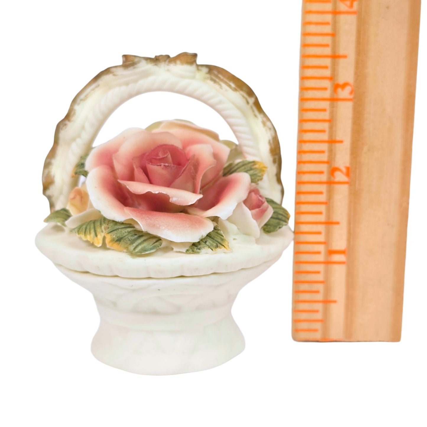 Vintage Porcelain Trinket Box Basket Pink Cream Rose Floral Lid Vanity Decor