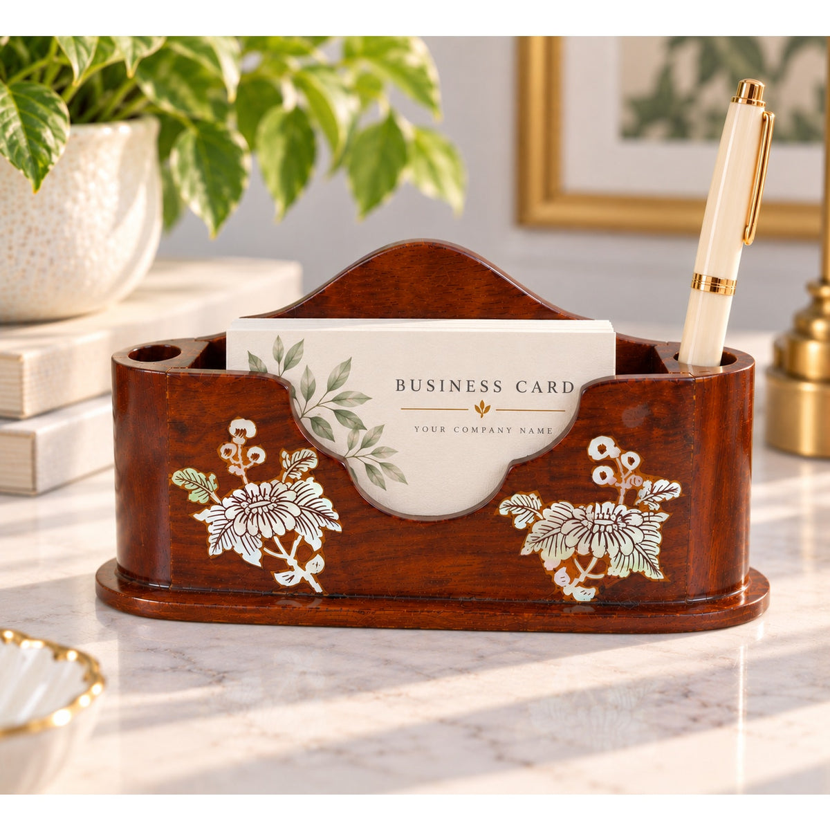 Vintage Wood Desk Organizer Mother of Pearl Inlay Memo Pen Holder Business Card