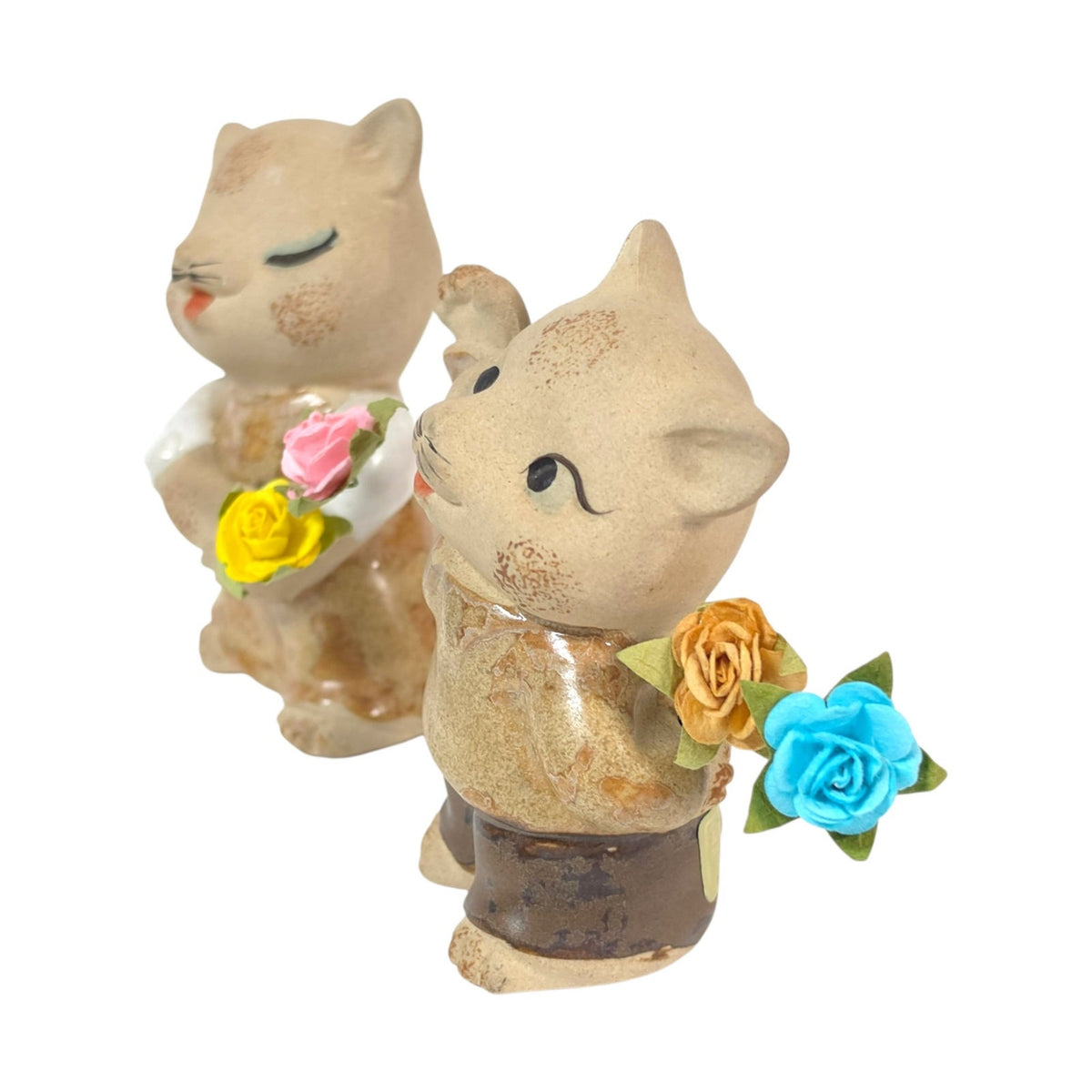 Vintage UCTCI Japan Cat Figurines Pair Boy Girl Flower Holders Speckled Pottery
