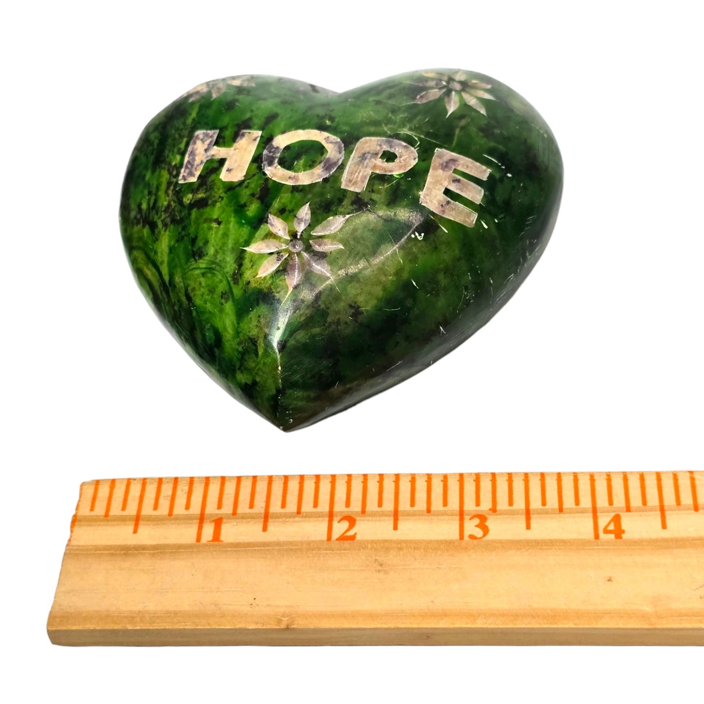 Carved Soapstone Heart Paperweight Green HOPE Etched Flower India Heavy 4"