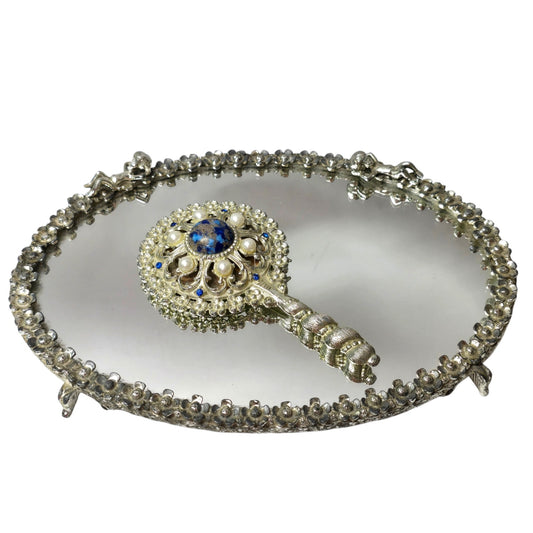 Sam Fink Vanity Set Mirror Tray Purse Mirror Cherub Flower Silver Tone Harp Feet