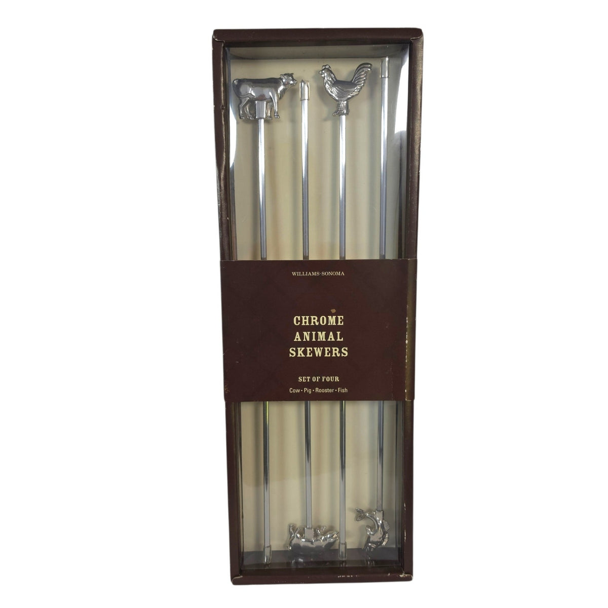 Williams-Sonoma Chrome Animal Skewers Set of 4 Cow Pig Rooster Fish NIB