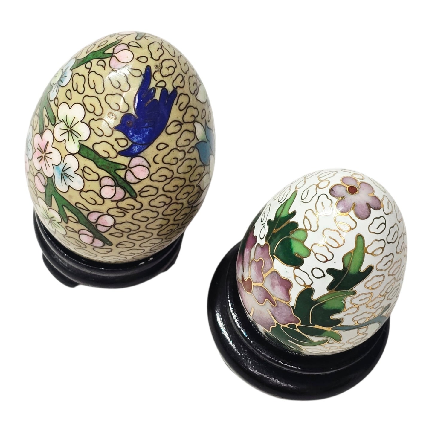 Vtg Chinese Cloisonné Enamel on Brass Eggs on Wooden Stands Set of 2 Floral Bird
