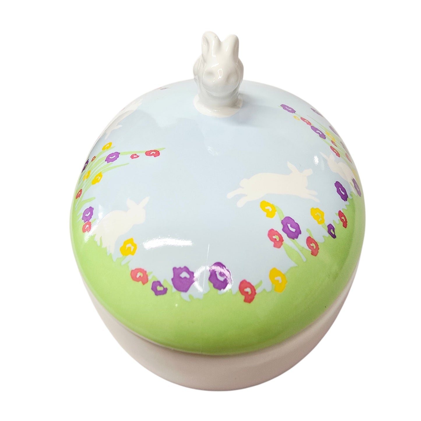 NIB See's Candies Easter Candy Dish Ceramic Lidded Bunny Knob Lid 7.5" Floral