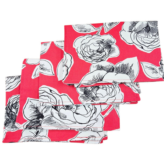 Set of 4 Rose Poppy Floral Placemats World Market 13" by 19", Red Black White