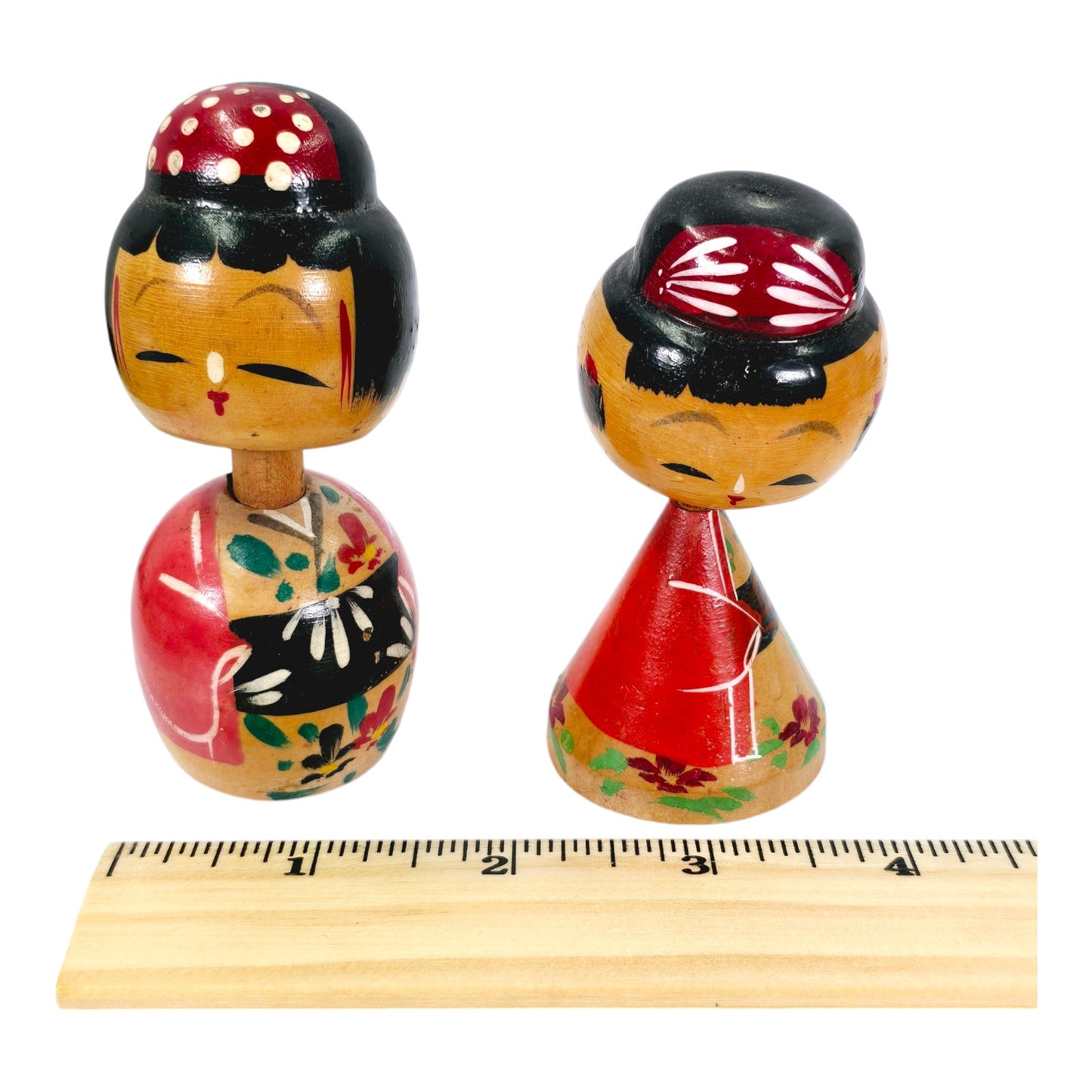 Set of 2 Vintage Miniature Wooden Kokeshi  Wobble Dolls with Magnet Base, Boy and Girl Handpainted Doll Japan, 3.5" & 3.25" H