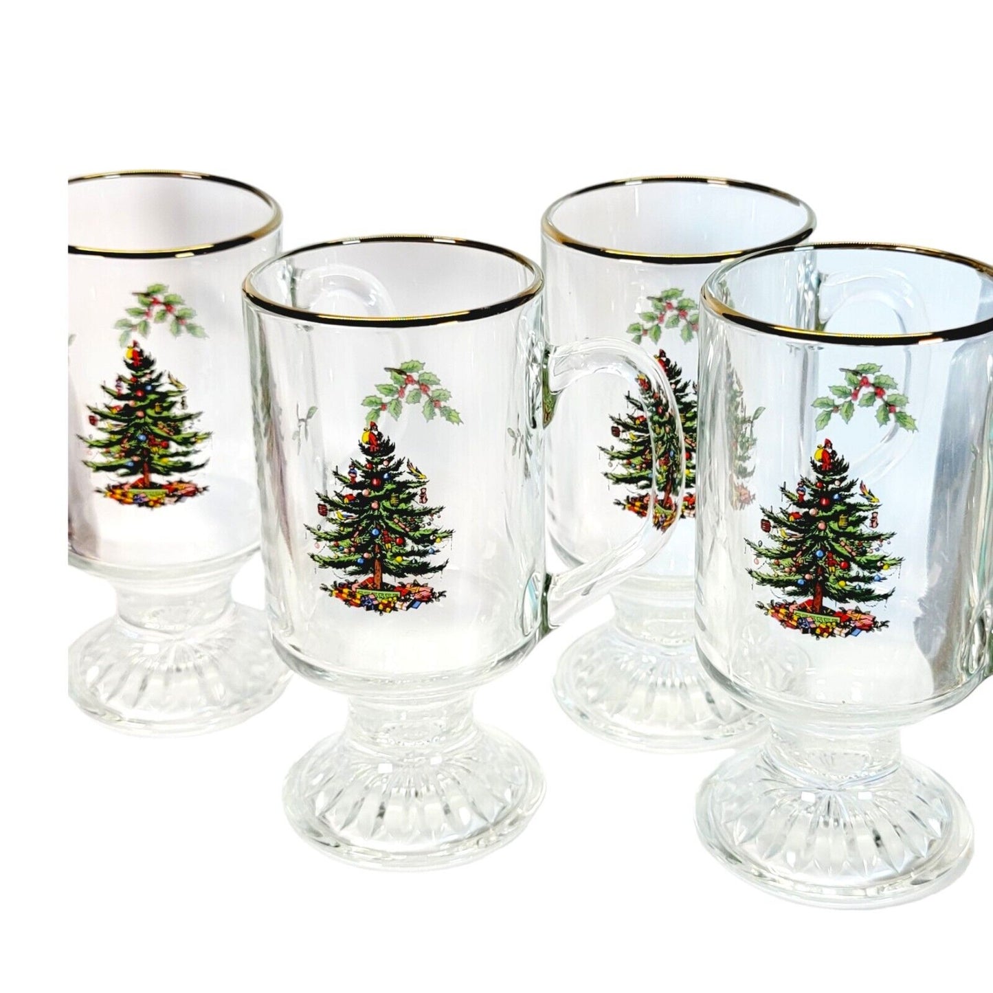 Set of 4 Vintage Spode Christmas Tree Mugs, Spode Irish Coffee Mugs, Gold Rim