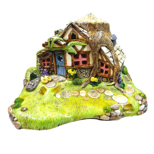 Vintage Ornate Ceramic Fairy House Signed, 1989, Stones, Mushrooms, Windows, Tree Stump