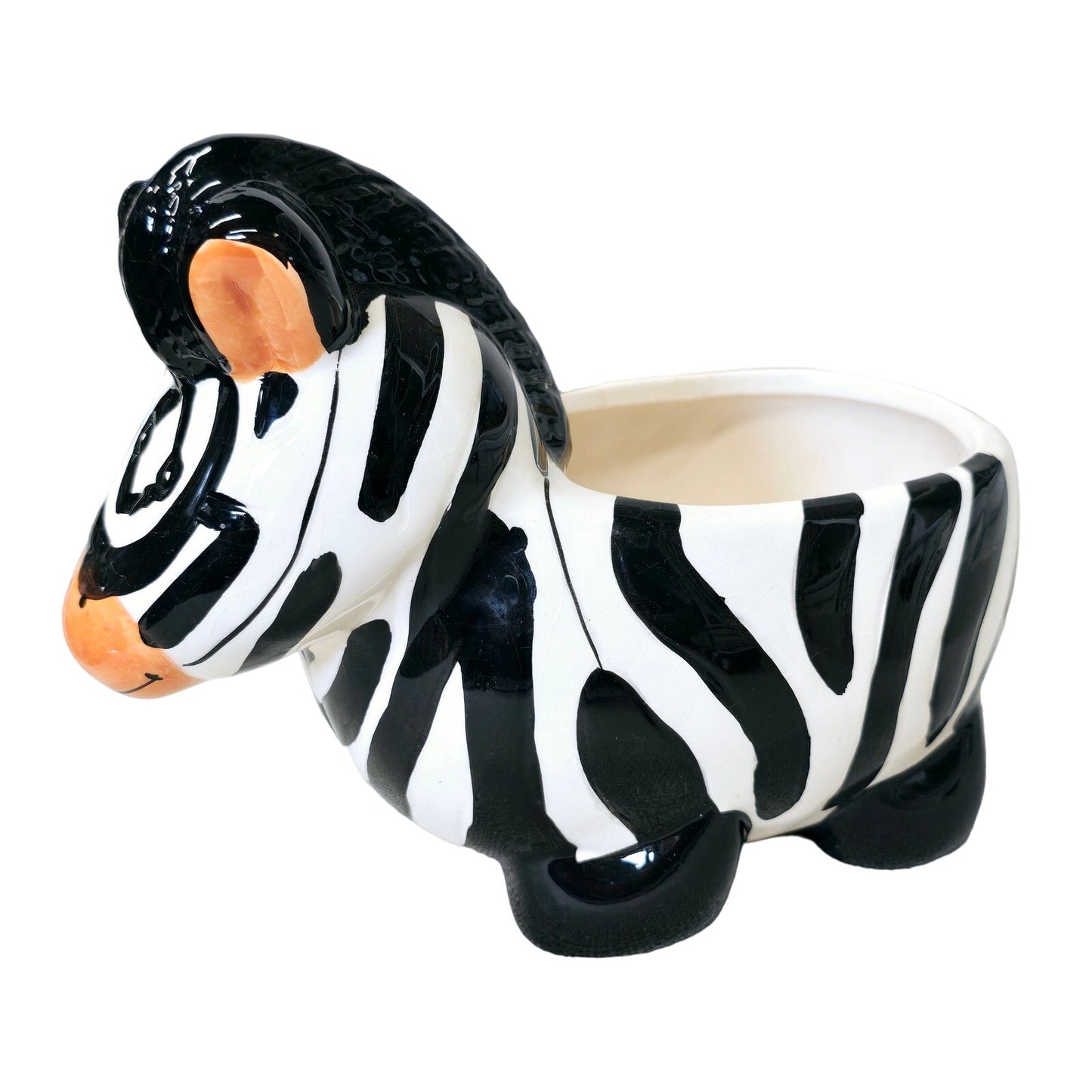 Fun Whimsical Ceramic Zebra Planter, Crazed