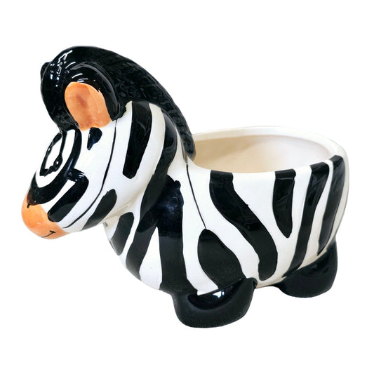 Fun Whimsical Ceramic Zebra Planter, Crazed