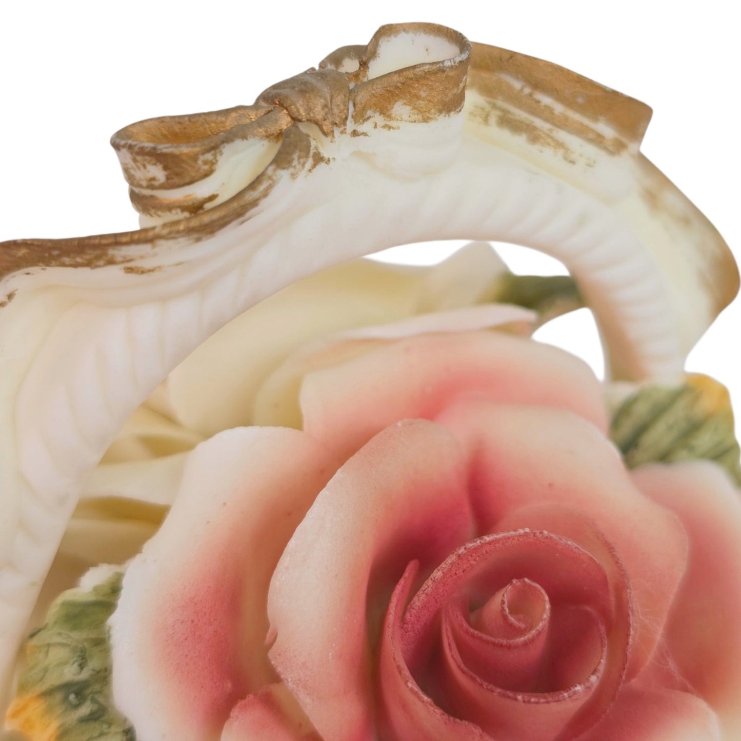 Vintage Porcelain Trinket Box Basket Pink Cream Rose Floral Lid Vanity Decor